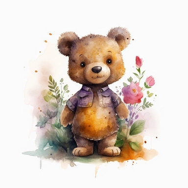 A standing up Teddy bear with cute big eyes, happy smiling face, cute animal, adorable, playful atitude, adorable watercolor animal clipart with a few plant and flowers decor, no background, high quality very sharp with clear focus