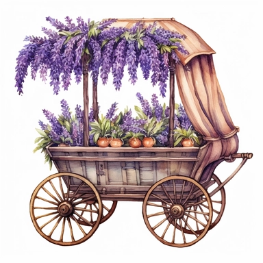 18th century flower vendor cart with some lavender flowers, in the style of watercolor illustrations, iconic, mystic symbolism, animated gifs, animal motifs, organic material, varied brushwork, clipart