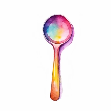 A watercolor ladle clipart against a pristine white background, showcasing the simplicity and functionality of this classic kitchen utensil. The watercolor strokes add a sense of movement and grace, capturing the ladle's curved shape and smooth lines. The colors used are bold and vibrant, symbolizing the nourishment and joy that a ladle brings to a meal. The white background creates a clean and contemporary composition, allowing the ladle to stand out as a symbol of culinary tradition.
