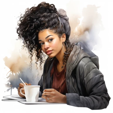 Hyperrealistic high detailed watercolor black woman drinking coffee clipart, white background