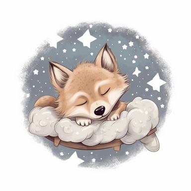 Cute wolf illustration by willows character, realistic adorable wolf sleeping on a soft moon surrounded by stars, sleepy happy clipart, nursery style clipart, Nursery Animals Art, Kids Wall Art, Kids Room Decor, Baby Room Decor, isolated on white, ultra - detailed, high quality, ghibli style, award winning