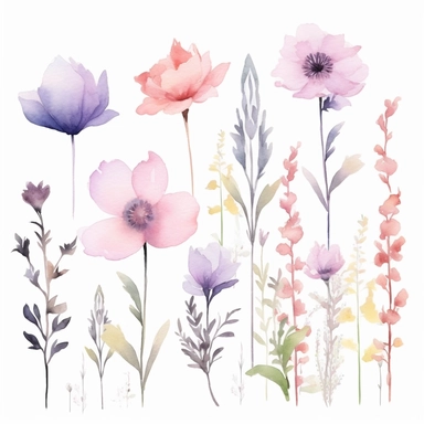 enchanted flowers clipart, flowers to be dusty pink and dusty lavender WATERCOLOR HAND PAINTED clipart, individual elements, WATERCOLOR AIRY PASTEL COLORS, VISIBLE WATERCOLOR BRUSH TOUCHES, WATERCOLOR SPLASHESD, DREAMY AND ELEGANT, CLASSIC DREAMY FLOWERS, white background, simple white background