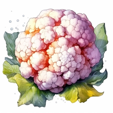 high quality watercolor clipart of a delicious cauliflower with some waterdrops, white background, seperated, vector design, hd