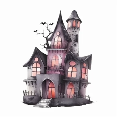 Halloween scary house, dark pink and gray color, watercolor, clipart, illustration, white background