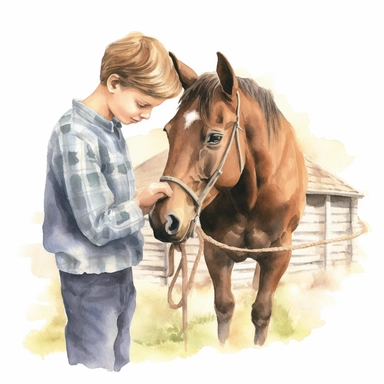 realistic watercolor drawing of a farm teenage boy taking loving care of a pony on a charming farm, on a white background where the background will be removed to repurpose as a clipart.