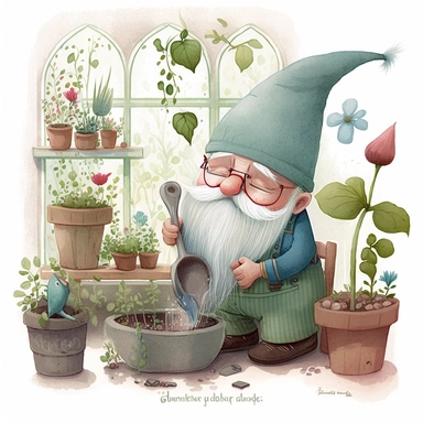 A watercolor painting of a grandad gnome potting plants in his greens house , gardening, greenhouse, grandad Gonk, cute gnome grandpa, grandad gnome, cute detailed digital art, inspired by nicoletta ceccoli, by Kubisi art, whimsical and cute, by nicoletta ceccoli, cute detailed artwork, glimmering, adorable and whimsical, whimsical art, Clipart style, png style, svg style, blank white background, a solid white background