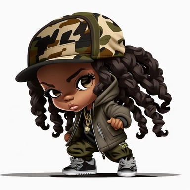 Black hip hop chibi athletic girl png clipart, camo color black hip hop runner girl, African American track girl, 3d, white background