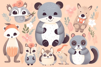 Mother's Day hand drawn style clipart. Cute animal characters - mother and baby - panda, bear, koala, sloth, penguin and rabbit. Vector illustration.