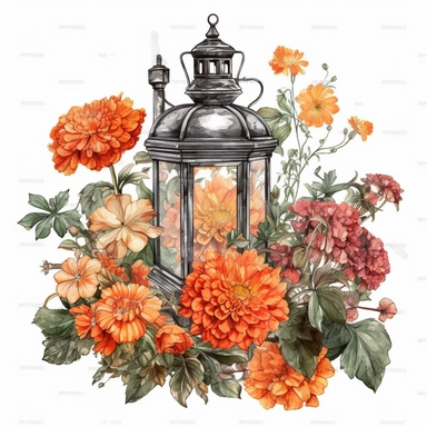 Marigolds, Begonias, Alliums, roses, flowers, plants growing outside a lantern, dreamy, clear, clipart, white background
