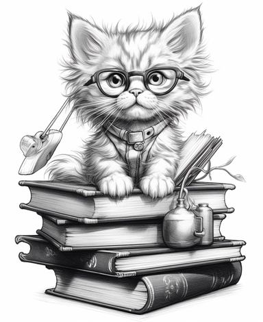 cartoon kitten with glasses sitting on books clipart illustration coloring pages, in the style of highly detailed realism, alson skinner clark, cluj school, david yarrow, jeremiah ketner, science-based, precisionist lines