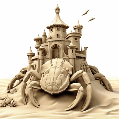 Clipart,An intricate sandcastle built by a crabs, hyperrealistic, hyper high definition