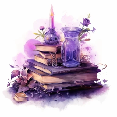 Spellbook, in the style of light silver and violet, mysterious and dreamlike scenes, realistic painted still lifes, vibrant watercolors, dreamlike installations, witchy academia, contest winner, watercolor clipart