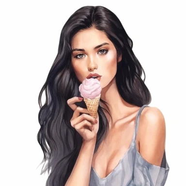 isolated stunning black haired model licks ice cream in a wafer, detailed watercolor clipart, white background