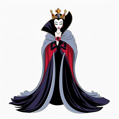 2d thick-lined clipart illustration of an evil but beautiful countess, in the style of 1959's sleeping beauty movie, white background