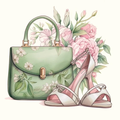 watercolor clipart of vintage green and pink two high-heeled shoes and a small handbag, floral, color pencil drawing, nice composition, vector, outline, isolated white background, 16k