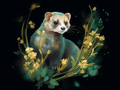 deep emerald gold watercolor Ferret with flowers plants clipart, golden metallic lines and some glitter, shining colors, dark background, 8k, high resolution