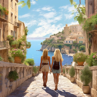 panoramic view, full view, landscape, two beautiful female best friends with blonde hair walking, smiling and chatting, beautiful faces, along a cobblestone walkway in a beautiful mediterranean town with view of beautiful blue water, cascading bougavanelia, beautiful summer day, illustration clipart, photo realistic, romantic, fantasy, ethereal, sharp focus, high detail,