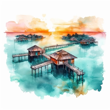 overwater bungalows, drone view, turquoise water, boat dock, sunset, watercolor clipart, bright colors, minimalist, isolated white background, 8k