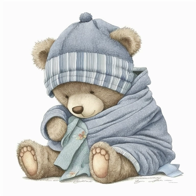 an ultra Cute little newborn baby teddy bear wearing pyjamas, #475F94 dusky blue shabby chic traditional classic striped pyjamas and a bedtime hat and is sitting on a dusky blue blanket watercolour, cute,, bedtime, sleepy, dreamy, isolated on white backgr