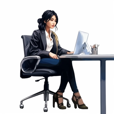 asian american lady boss wearing fashionable bold clothes, sitting at the desk and working on the computer, realistic illustration, clipart, isolated on white background, 4K