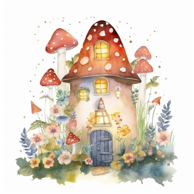 Watercolour illustration, A whimsical clipart image of a fairy house nestled among flowers, mushrooms, and twinkling lights, on white background
