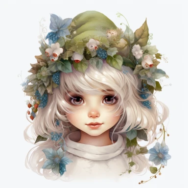 clipart, white background, elf art for android, pastel colors, in the style of whimsical portraits, highly detailed foliage, child-like innocence, cute hat, vibrant realism, tinycore, shiny eyes, soft and dreamy tones