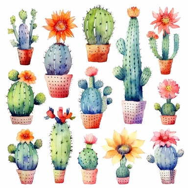 Boho Cactus Watercolor Cliparts, high definition 8k , illustration, sublimation, white background for removing background