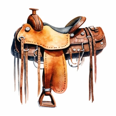 Western saddle without horse, watercolor, clipart, illustration, white background, digital painting, paper crafting, no signature, no text