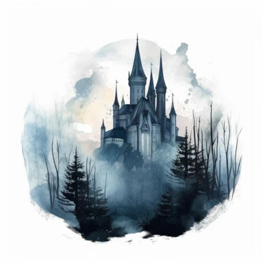 on a white background Illustrate a watercolor clipart of a gothic castle with soaring turrets, looming over a dark and misty forest. The clipart should have a haunting and mysterious feel, with a focus on the castle's intricate details