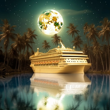 fantasy cruise gold ship in the moonlight, paradise island digital clipart on white paradise