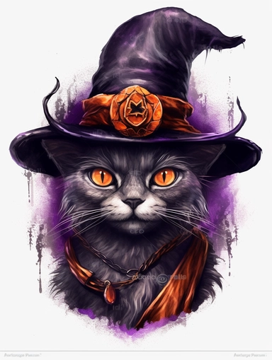 hyper realisticFamiliar: Create a clipart of a familiar, which is a witch's animal companion. You can draw a black stunning cat, with a gothic twist, wearing which clothes and havjng only cat head watercolor illustration, color palette Violet, eggplant,diesel,dusty gray,cannon pink, tamarind,mulled wine,charade ,realistic,symmetry,png high quality watercolor painting, paint spots, paint splashes, liquid paint, ink, various brushes white background