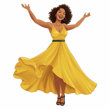 A captivating full body African-American full body woman takes center stage in this 300 dpi vector art clipart in the art style of Dina Almonord. With a joyous expression, her detailed dred locked brown hair, closed mouth smile and natural makeup convey a sense of peace. Perfectly formed hands She has thick eye lashes Dressed in a detailed strapless, yellow colored sundress with a teal palm leaf print that fits at the waist and flows gracefully to her ankles her strappy gold flat sandals accentu
