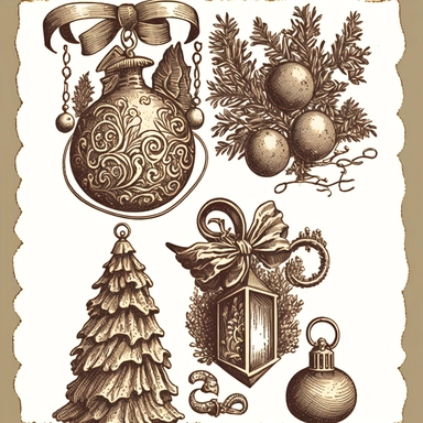 vintage christmas ornaments, in the style of engraving clip art illustration--ar 3:2