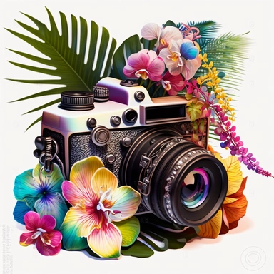 clipart of an old fashioned photo camera, 1 photo lens only, surrounded by an intricate arrangement of dramatic extravagant digital 3D rainbow orchid, palm leaves, in the style of large-scale photography, lush detailing, cartoon style, playfully intricate, made of flowers, bloomcore, thaï ambiant, 8K, clipart, clear background