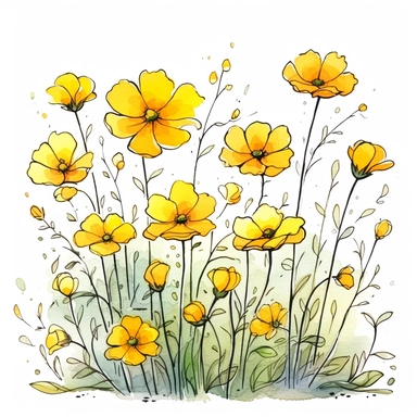 cute cartoon yellow FLOWERS, clipart, watercolor technique, black contour lines, octane render, K8,