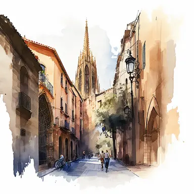 CLIPART WATERCOLOR BARCELONA, STREETS OF BARRI GOTHIC, STREETS