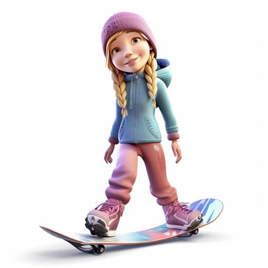 cute young girl snowboarding , smiling, full body, downhill snowboard clipart, Sport graphics, 16k polished, isolated on white background, 3d, hyperrealist, Octane Render, Extremely detailed,rendered by pixar, isolated on white background