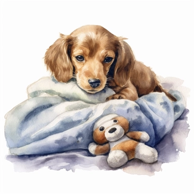 a heartwarming watercolor clipart image of a Dachshund dog with a white background, cuddled up with their favorite plush toy on a blanket.
