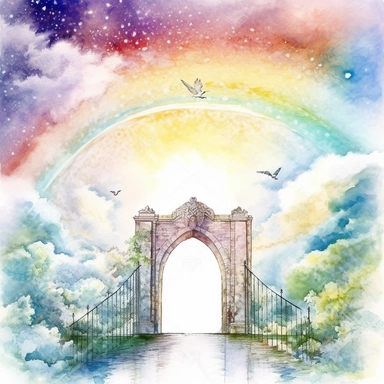 Watercolor clipart a long rainbow bridge stretching towards the gates of heaven. The doors to heaven are opening, revealing a colorful and vibrant sky filled with fluffy, rainbow color clouds, hd, on white background