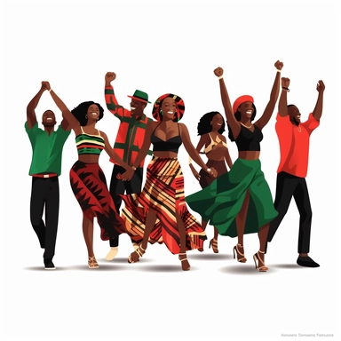hd, clipart,happy, celebrating Juneteenth,full body,group, party, freedom,red,black and green, on white background