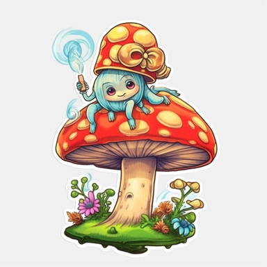 whimsical, cute, cartoon, clipart, caterpillar smoking a hookah sitting on a magic mushroom, sticker