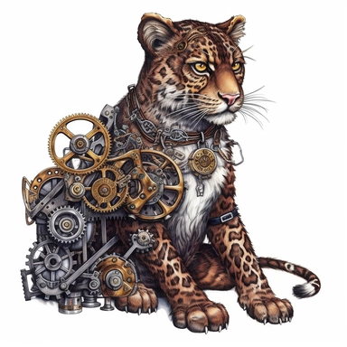 A steampunk style mechanic leopard with watercolor effect, with black effects, white background, watercolor, hyperrealism, high detail, isolated elements, clipart,