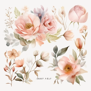 Create a stunning collection of ultra-detailed blush floral watercolor clipart, featuring a variety of exquisite flowers and premade bouquets. Each floral element should be meticulously painted, capturing the delicate beauty and soft hues of blush-toned petals. Incorporate a range of flowers, including roses, peonies, and other enchanting blooms, carefully arranged to form captivating bouquets. Design the clipart with a focus on wedding themes, ensuring seamless integration into wedding invitati