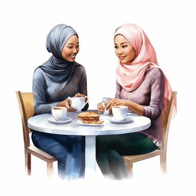 illustration clipart of two Asian african american women sitting at a cafe table having coffee together, hyperrealistic, white background