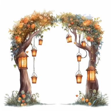 Enchanting tree arch decorated with whimsical hanging lanterns and dainty floral garlands, clipart, on a white background.