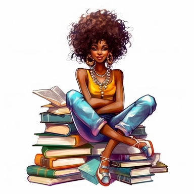 Clipart illustration of afro cosmepolitian woman sitting on top of books, realistic in the style of nene thomas