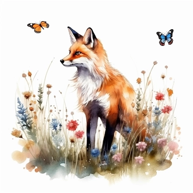 Fox standing and looking away, half of fox body covered by long grass and flowers, little butterflies, colorful, watercolor clipart, white background