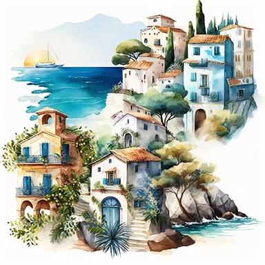beautiful watercolor clipart of a Mediterranean scene with rustic village houses and italian seascape, warm summer blue and white hues, compositions on an isolated white background. Bright landscapes illustrations, highly detailed