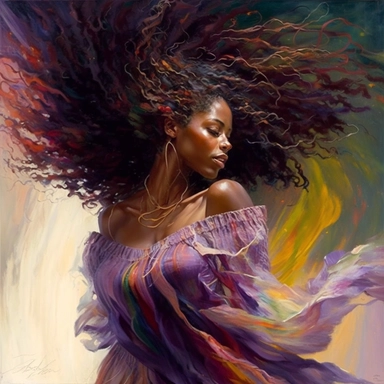 Gorgeous african american woman, Dressed in a flowing, vibrant sundress that embraced the rich hues of the season, she exuded an aura of grace and poise. Her hair, a luscious crown of curls, danced playfully in the warm breeze, framing her face like a natural work of art. The sunlight caught the subtle highlights, transforming each curl into a shimmering cascade of ebony and chestnut. Clipart, pink brown, and cream