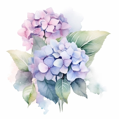Dancing Hydrangeas Watercolor Clipart: This design shows a dynamic arrangement of hydrangea blooms, seemingly dancing in the wind. The flowers alternate between Hydrangea Blue, Soft Pink, and Lavender Mist, accented with Sage Green leaves and Shadow Gray details. This watercolor clipart vividly stands out from a white background.
